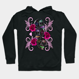 Triple Black Day Of The Dead Skulls Pink Roses Hoodie